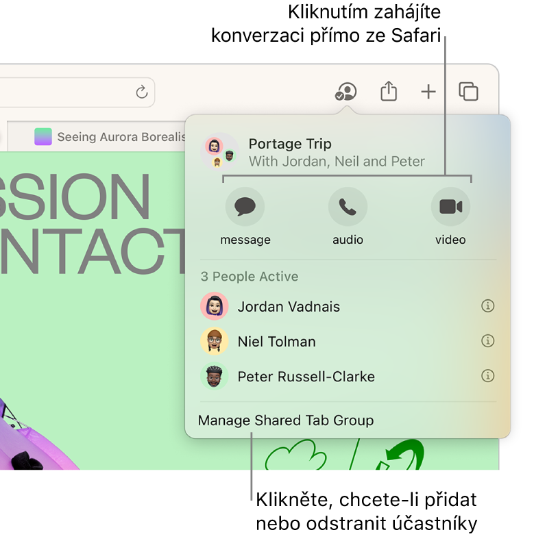 Okno se seznamem uživatelů ve sdílené skupině panelů