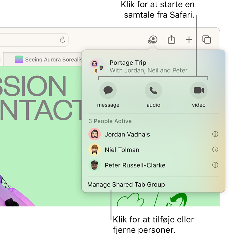 Et vindue, der viser personer i en delt fanegruppe.