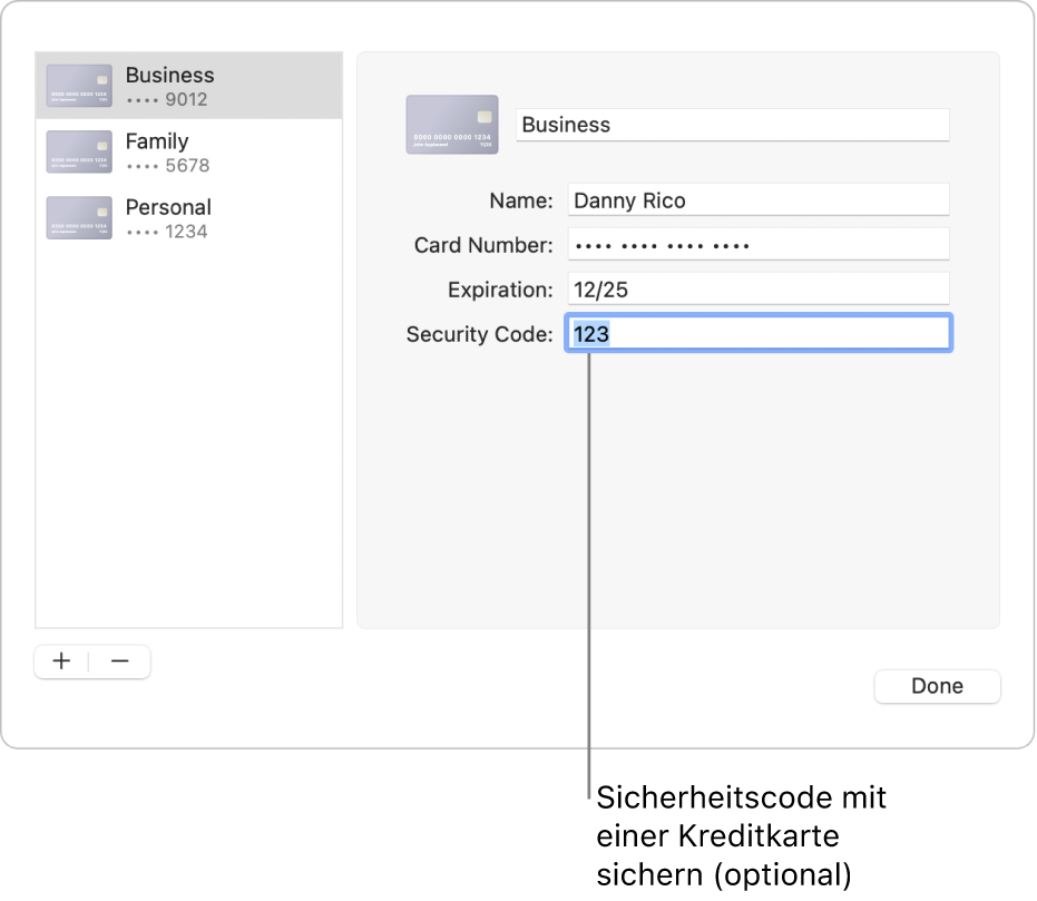 Ein Kreditkartenformular mit Feldern zum Eingeben von Namen, Kartennummer, Ablaufdatum und Sicherheitscode.