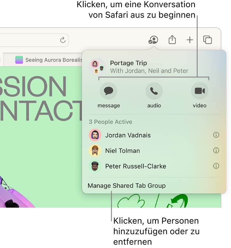 Ein Fenster, das die Personen in einer geteilten Tabgruppe auflistet.