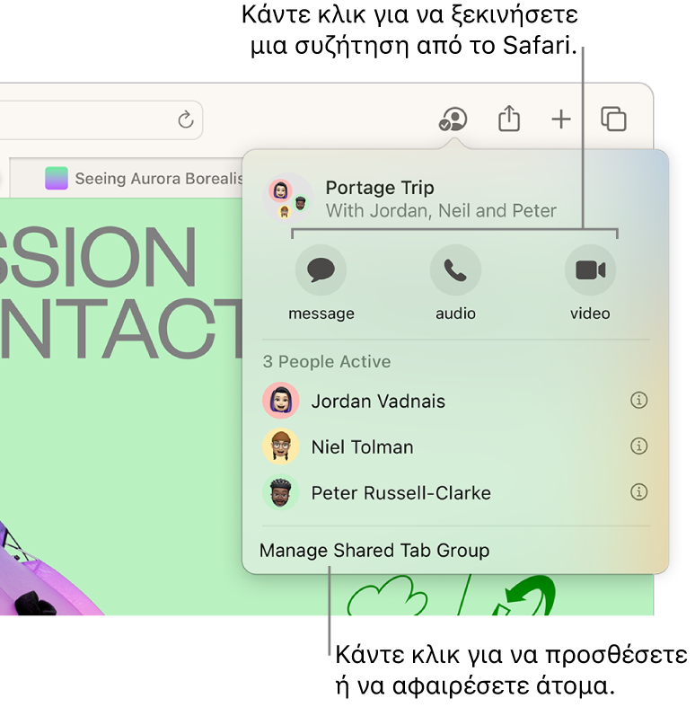 Ένα παράθυρο στο οποίο εμφανίζονται τα άτομα μιας ομάδας κοινόχρηστων καρτελών.