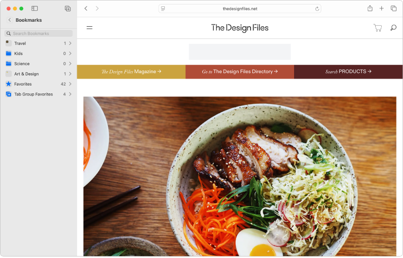 The Safari app showing websites organised into bookmarks in the sidebar, with a bookmarked website for a design publication shown on the right.