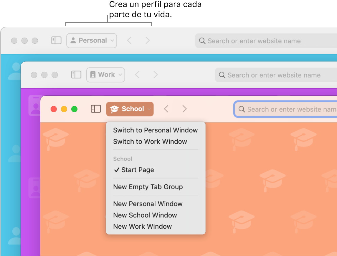 Tres ventanas de perfil de Safari: una para uso personal, otra para el trabajo y otra para la escuela.
