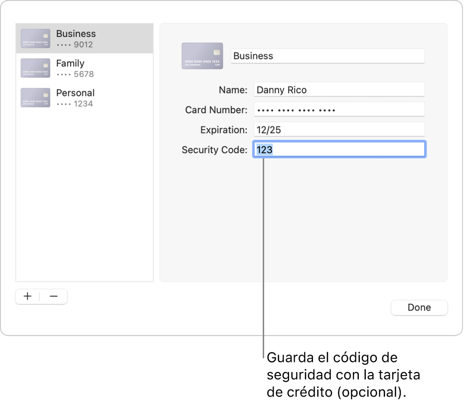 Una tarjeta de crédito con campos para introducir el nombre, el número de la tarjeta, la fecha de caducidad y el código de seguridad.