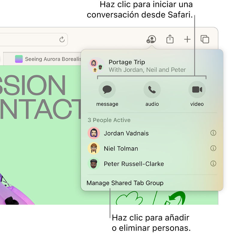 Una ventana con una lista de personas en un grupo de pestañas compartido.