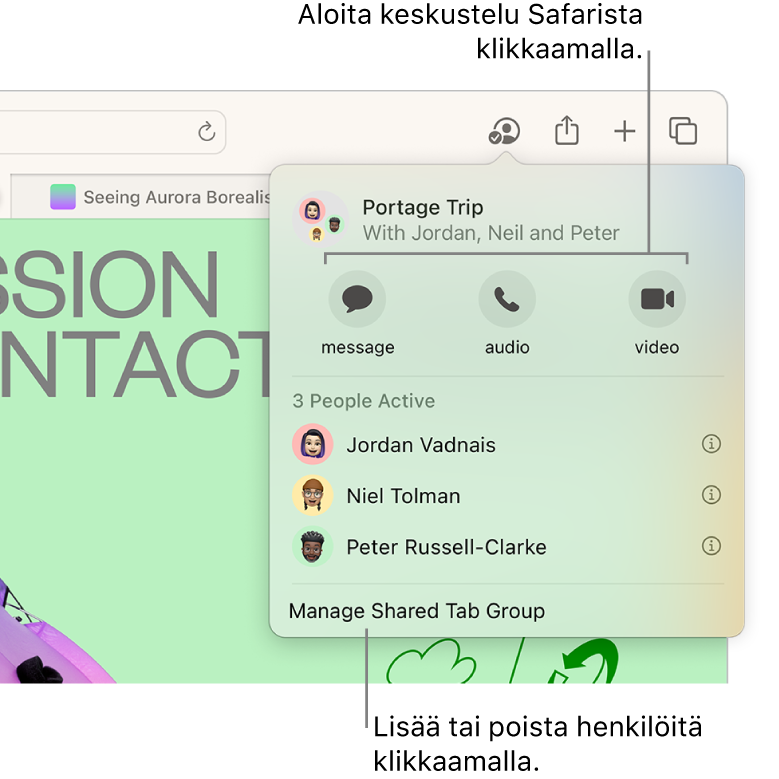 Ikkuna, jossa on jaetun välilehtiryhmän käyttäjien luettelo.