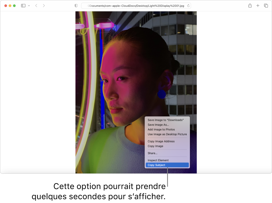 Une image dans Safari d’une personne devant des lumières et un bâtiment.