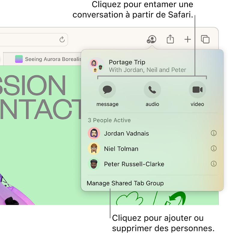 Une fenêtre qui répertorie les personnes d’un groupe d’onglets partagés.