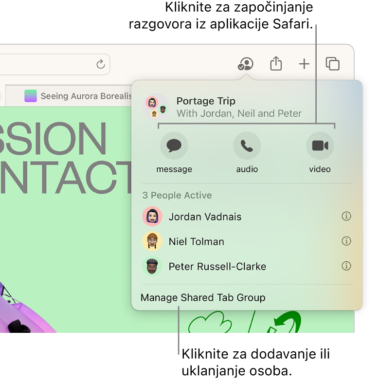 Prozor u kojem su navedene osobe u dijeljenoj grupi kartica.