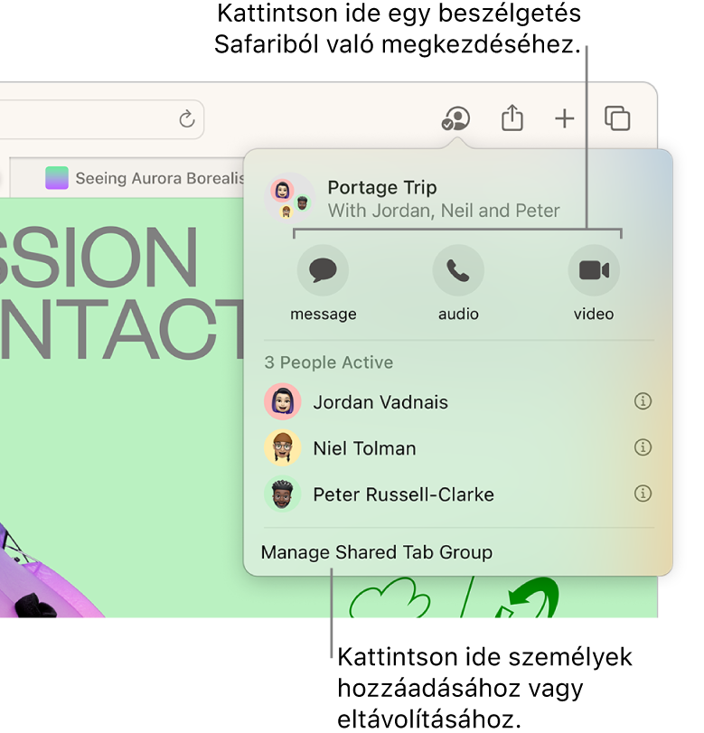 Egy ablak, amely felsorolja egy Megosztott lapcsoporton dolgozó személyeket.