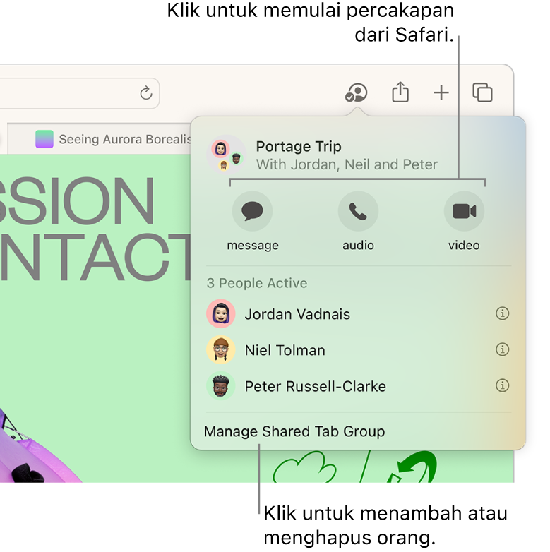 Jendela yang mencantumkan orang-orang di Grup Tab Bersama.
