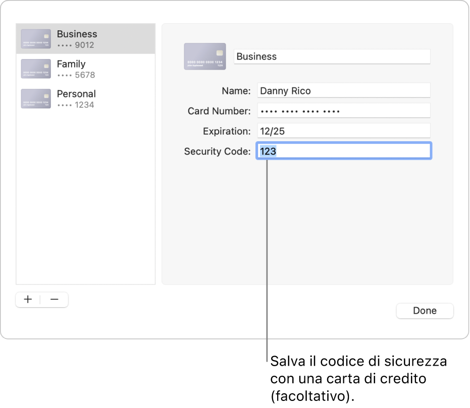 Un modulo con le informazioni della carta di credito con i campi per l’inserimento di nome, numero della carta, data di scadenza e codice di sicurezza.