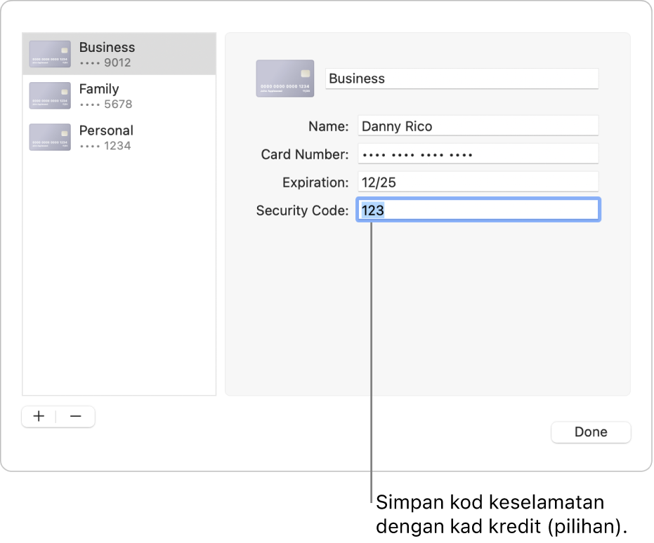 Borang kad kredit dengan medan untuk memasukkan nama, nombor kad, tarikh tamat tempoh dan kod keselamatan.