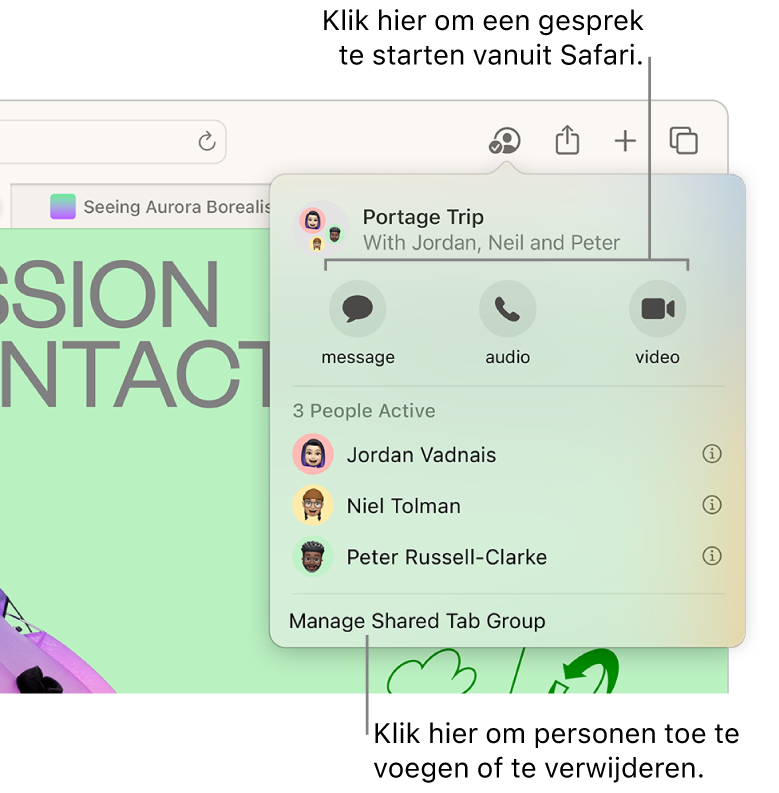 Een venster met daarin de mensen in een gedeelde tabbladgroep.