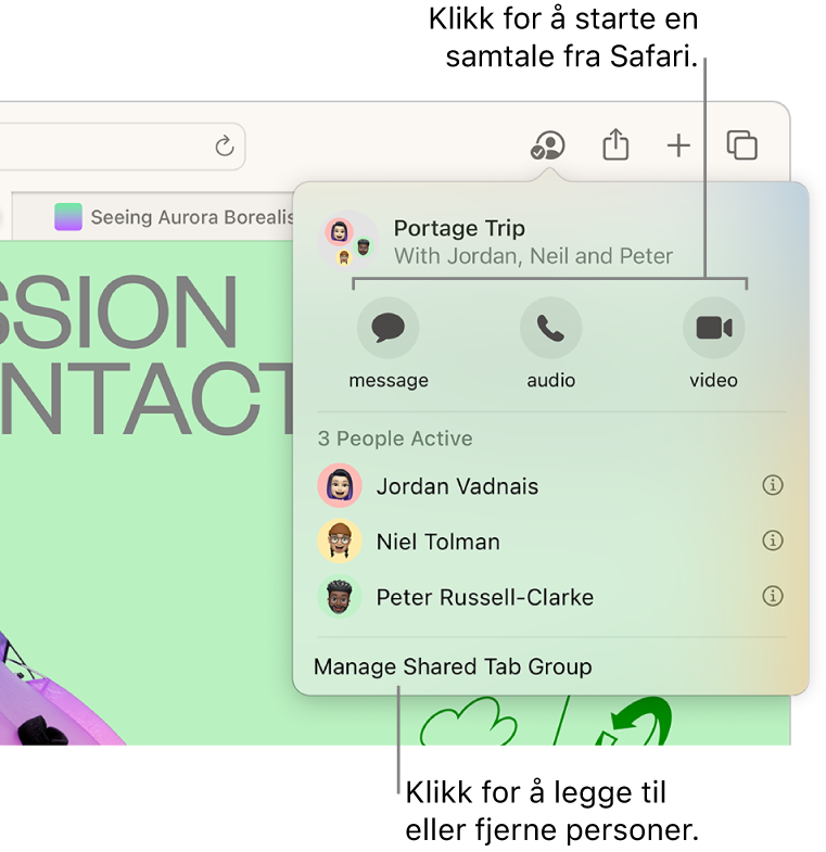 Et vindu som viser en liste med personer i en delt fanegruppe.