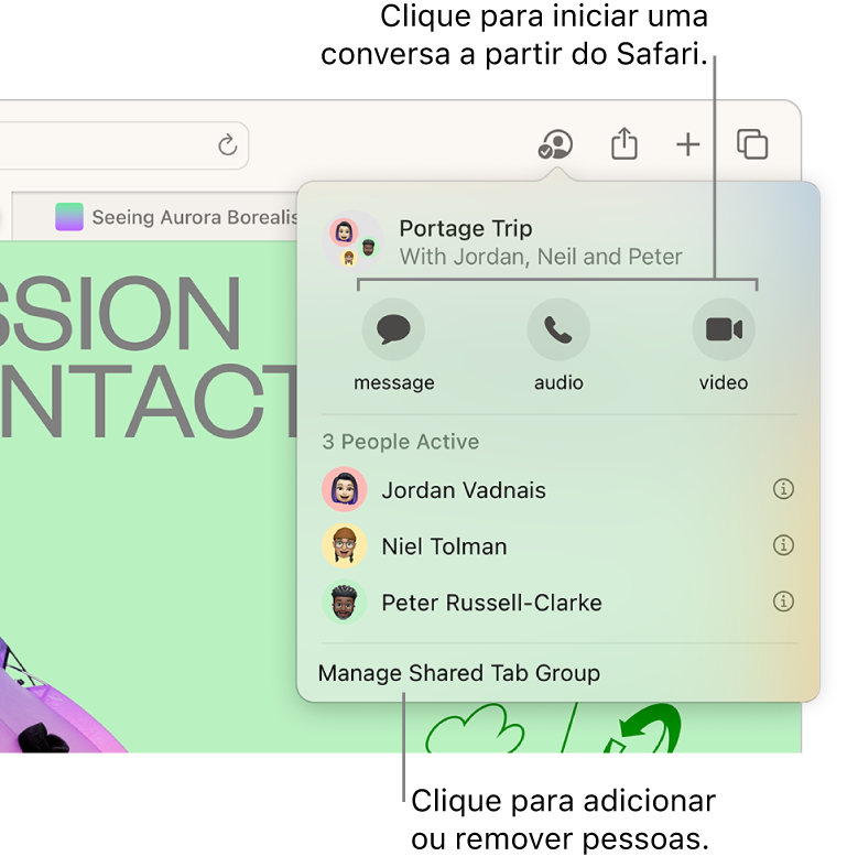 Uma janela com uma lista de pessoas em um Grupo de Abas Compartilhado.