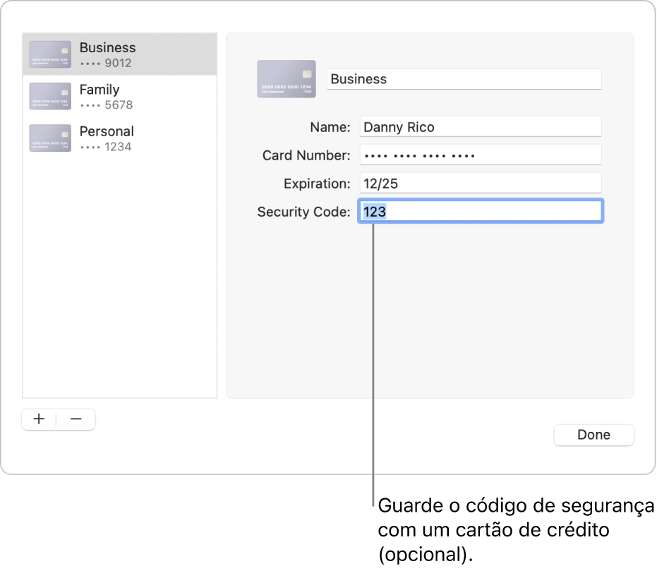 Um formulário de cartão de crédito com campos para introduzir o nome, o número do cartão, a data de validade e o código de segurança.