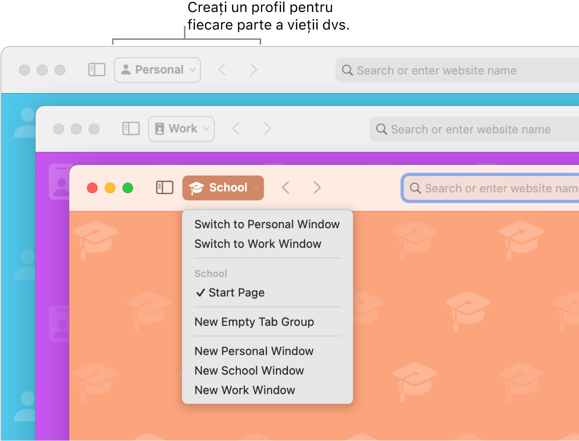 Trei ferestre de profil Safari: una pentru uz personal, una pentru serviciu și una pentru școală.
