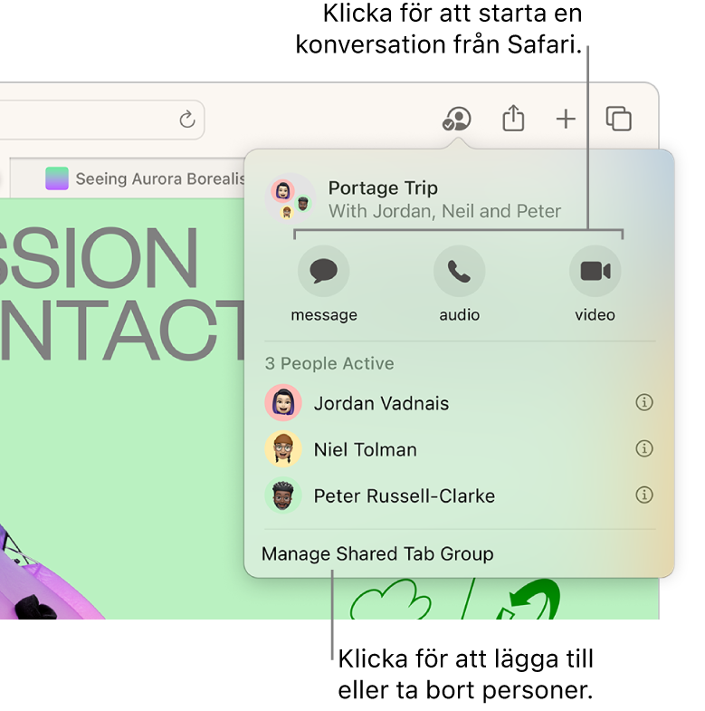 Ett fönster som listar personer i en delad flikgrupp.