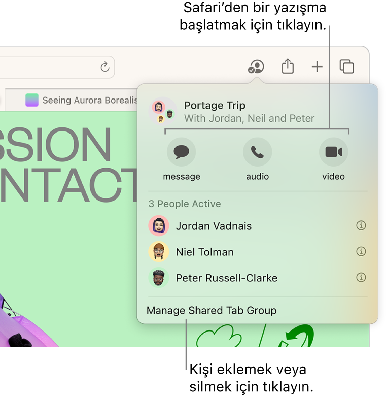 Paylaşılan sekme grubunda bulunan kişileri listeleyen bir pencere.