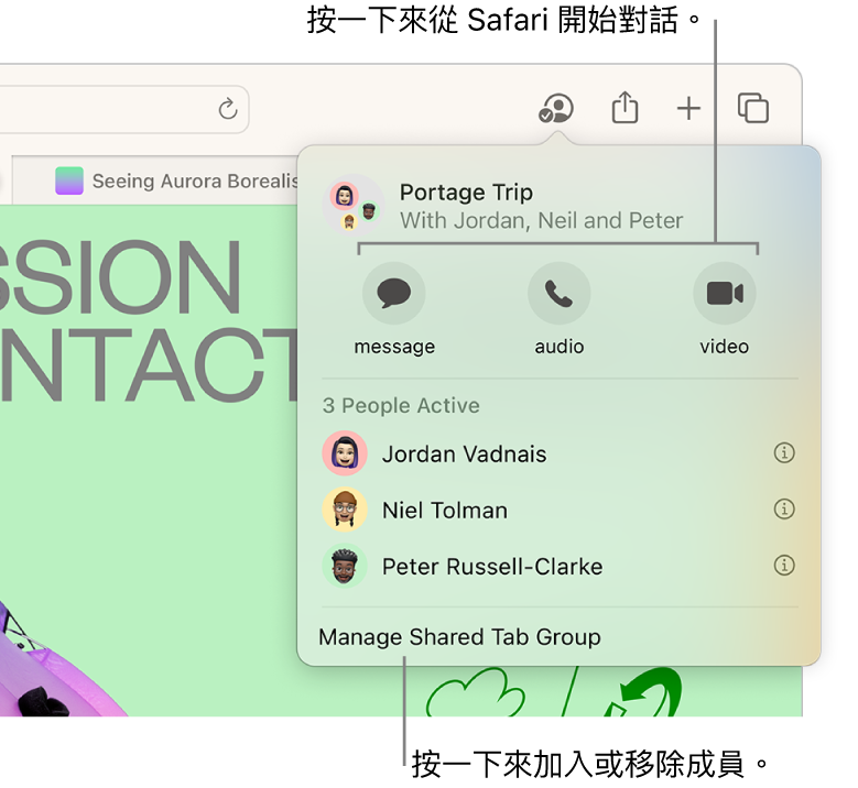 視窗列出「共享的分頁群組」中的成員。