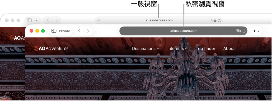 私密 Safari 視窗的「智慧型搜尋」欄位為深色，而一般 Safari 視窗的「智慧型搜尋」欄位為淺色。