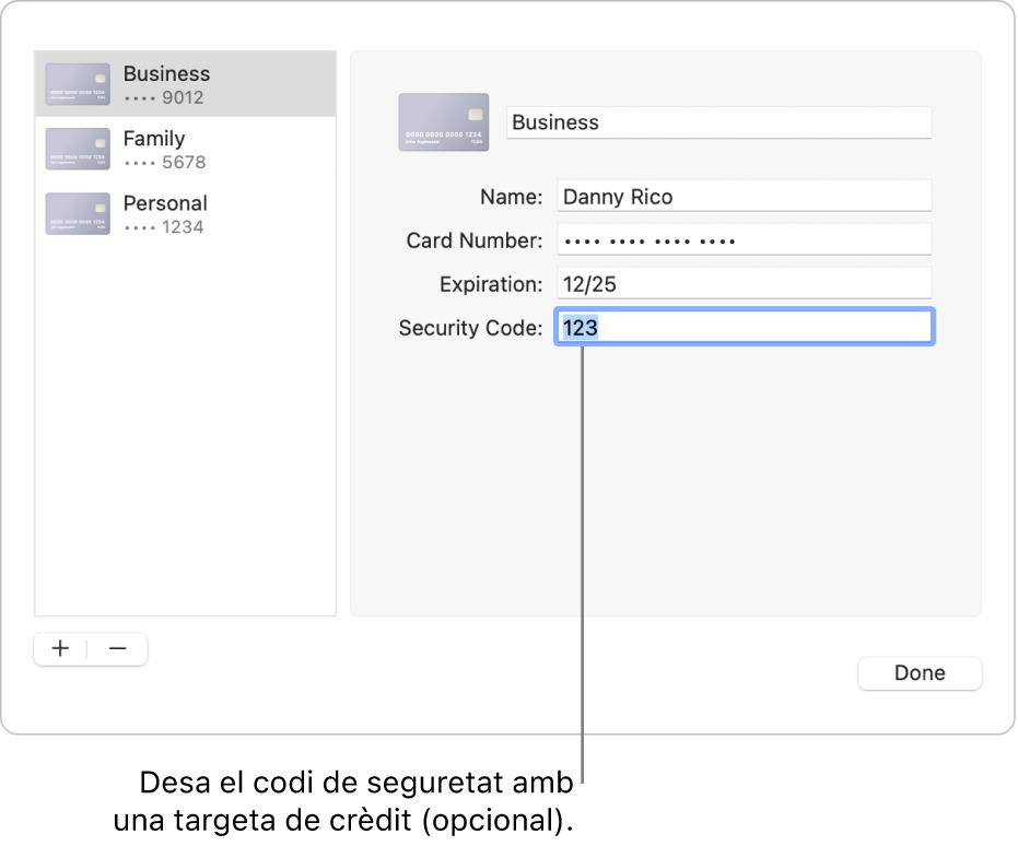 Un formulari de targeta de crèdit amb camps per introduir el nom, el número de targeta, la data de caducitat i el codi de seguretat.