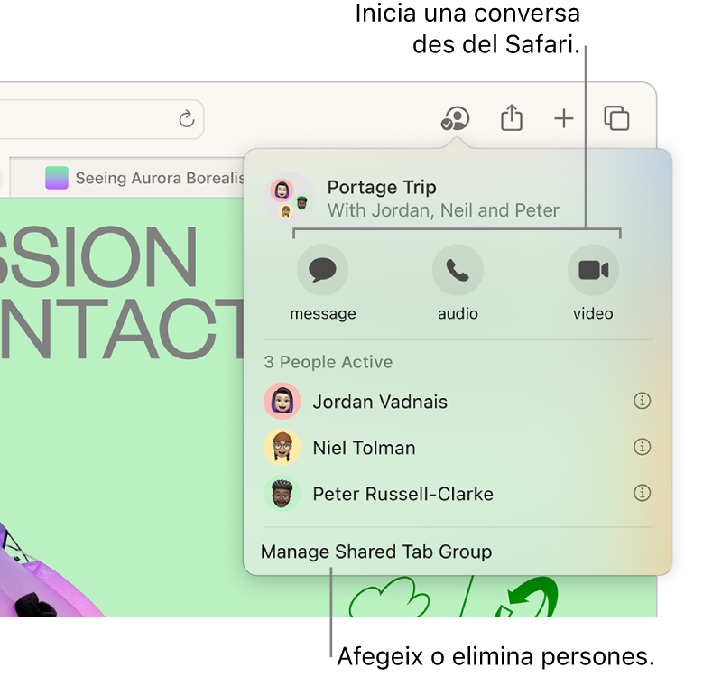Una finestra on es mostren les persones que hi ha en un grup de pestanyes compartit.