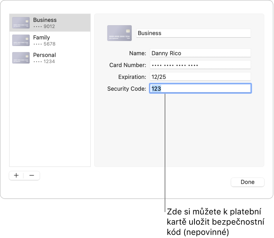 Formulář platební karty s poli pro zadání jména, čísla, data vypršení platnosti, a bezpečnostního kódu karty