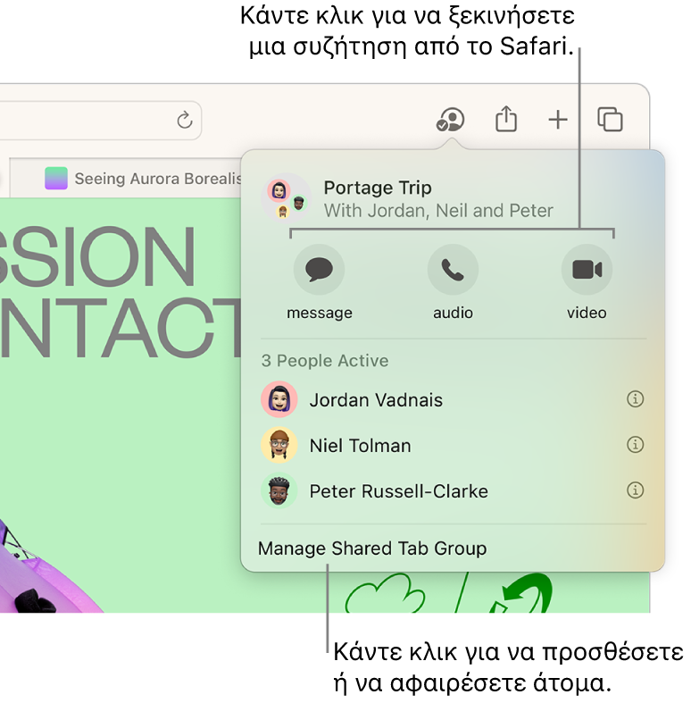 Ένα παράθυρο στο οποίο εμφανίζονται τα άτομα μιας ομάδας κοινόχρηστων καρτελών.