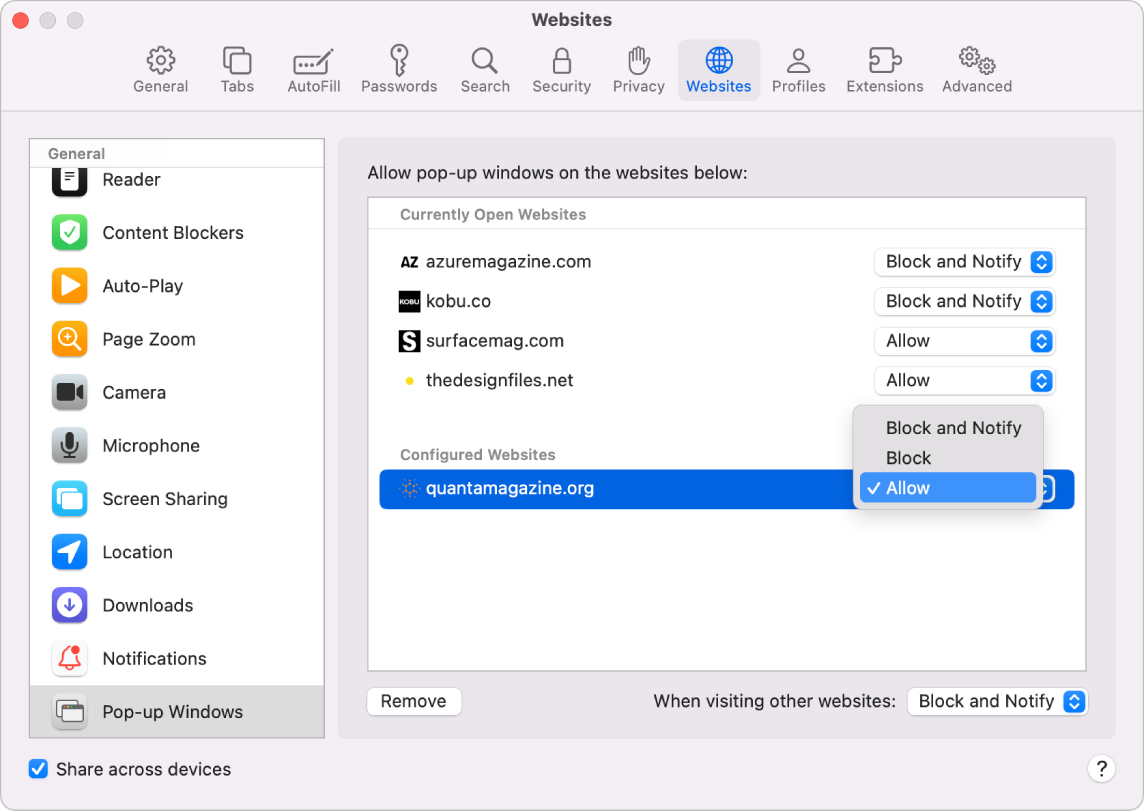 The Pop-up Windows option for Safari settings, with Allow selected for a configured website.
