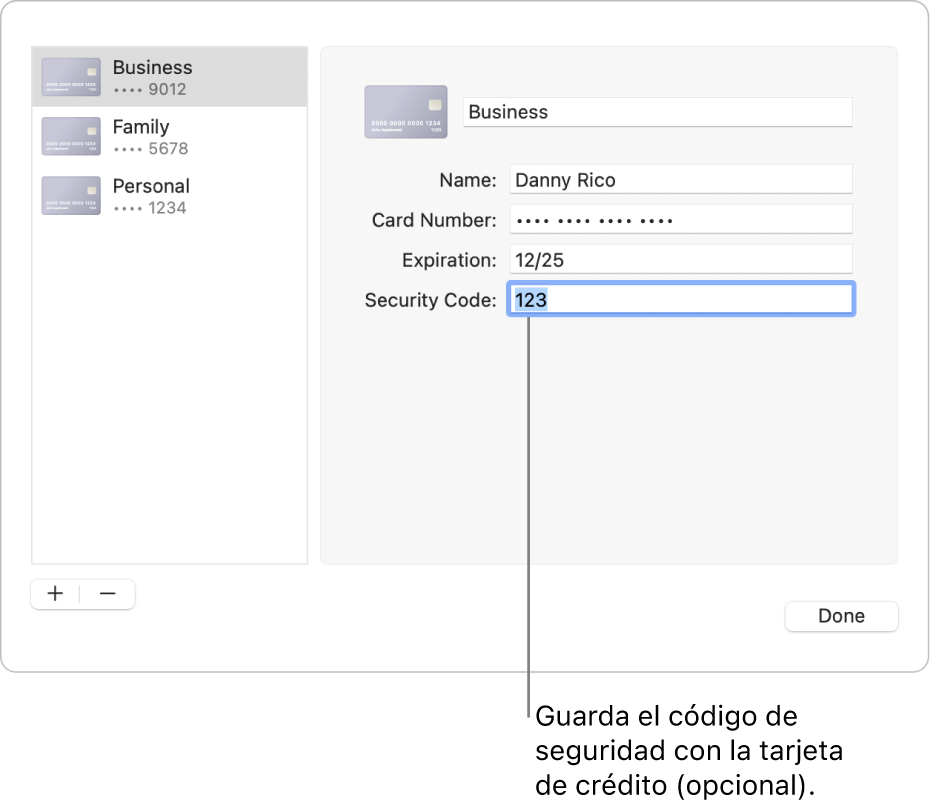 Una tarjeta de crédito con campos para introducir el nombre, el número de la tarjeta, la fecha de caducidad y el código de seguridad.