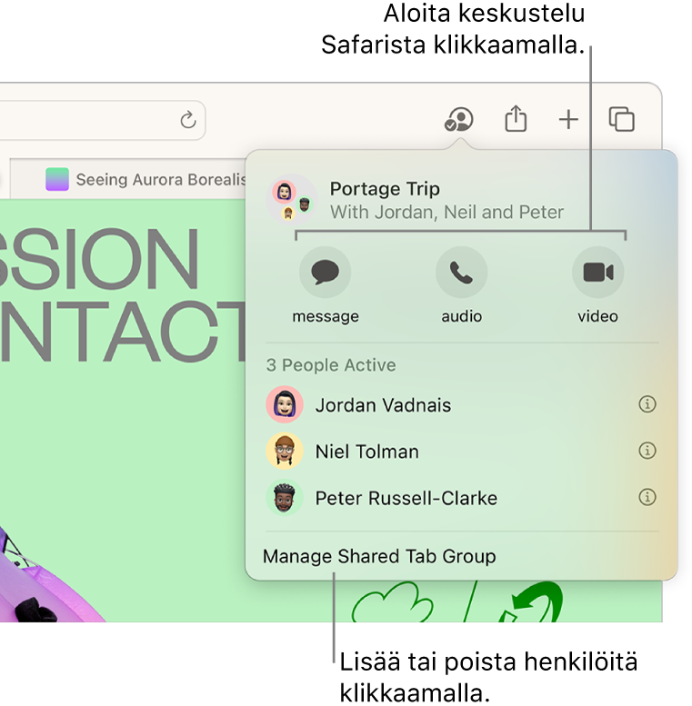Ikkuna, jossa on jaetun välilehtiryhmän käyttäjien luettelo.