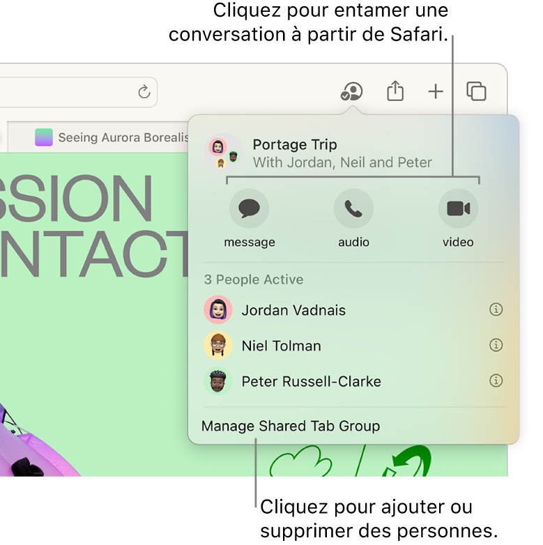 Une fenêtre qui répertorie les personnes d’un groupe d’onglets partagés.