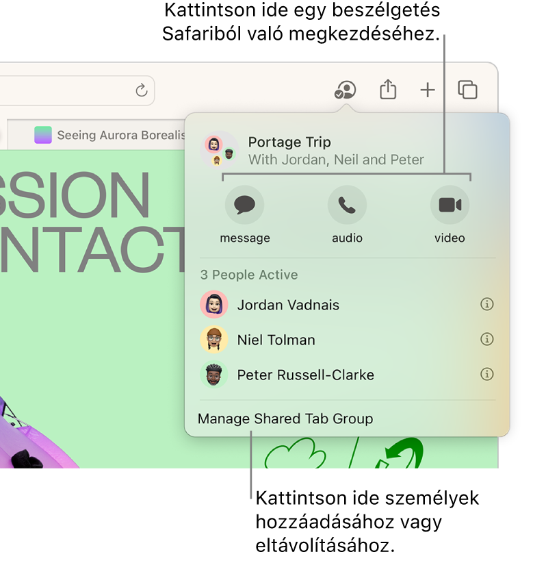 Egy ablak, amely felsorolja egy Megosztott lapcsoporton dolgozó személyeket.