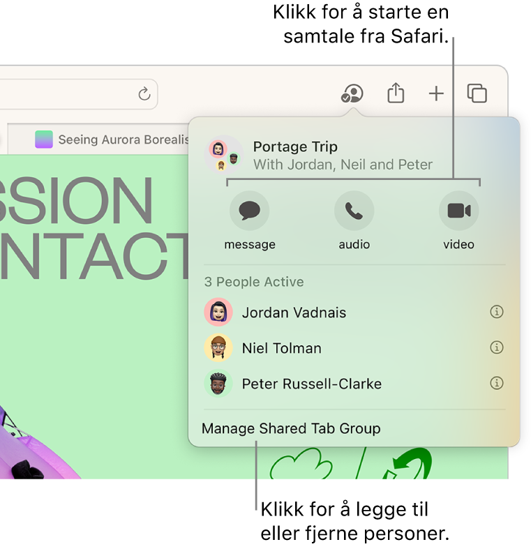 Et vindu som viser en liste med personer i en delt fanegruppe.
