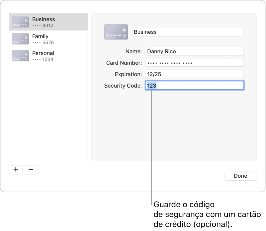 Um formulário de cartão de crédito com campos para introduzir o nome, o número do cartão, a data de validade e o código de segurança.