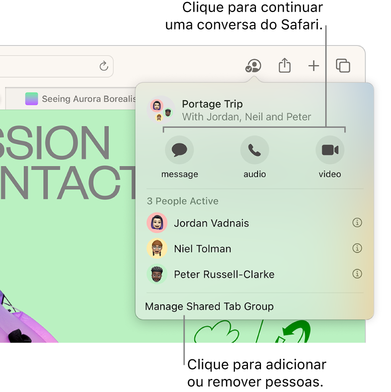 Uma janela a indicar as pessoas no grupo de separadores partilhados.