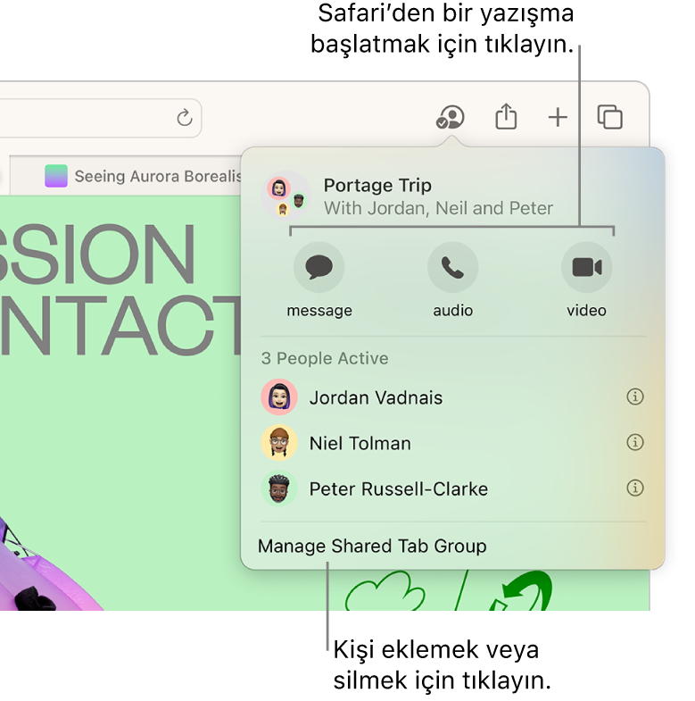 Paylaşılan sekme grubunda bulunan kişileri listeleyen bir pencere.