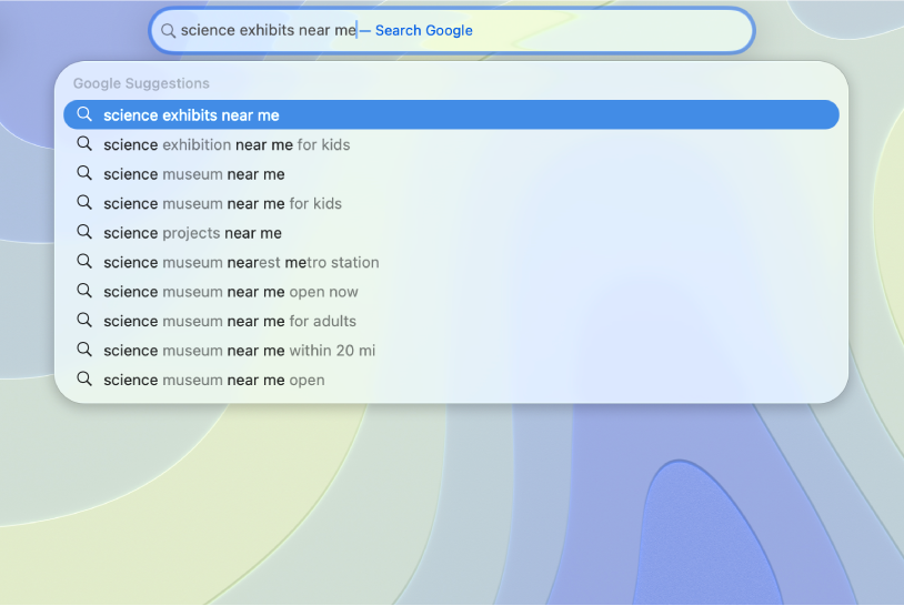 The Safari Smart Search field, where you can enter words and phrases to find information.