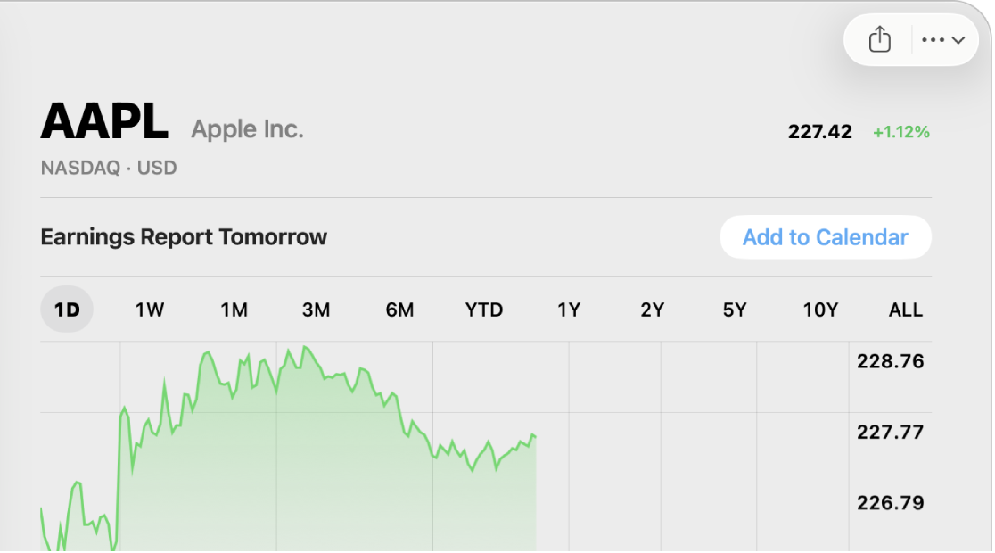 A Stocks window with a button to add an upcoming earnings report to Calendar.