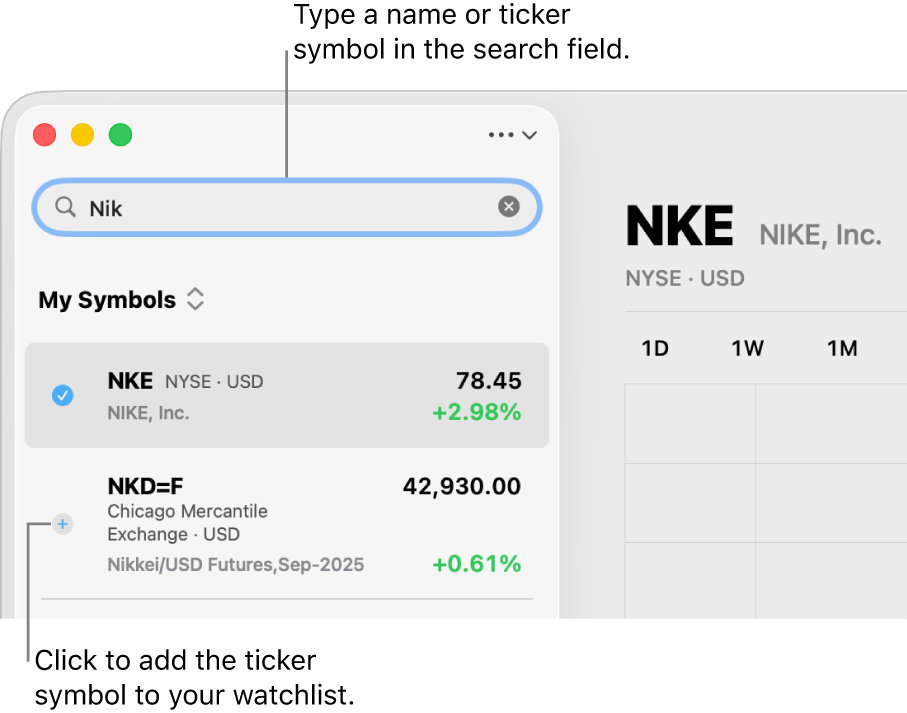 A search in Stocks with two possible matches at the top of the search results.