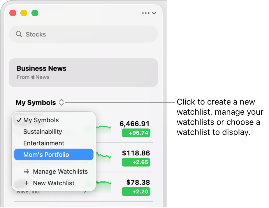 The watchlist pop-up menu at the top of the sidebar with the name of the current watchlist.