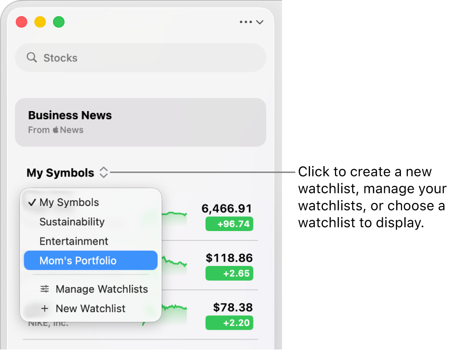 A Stocks window showing the search field, a list of search results, and the Add to Watchlist button.