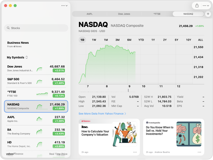 A Stocks window, showing the watchlist on the left, a chart in the upper right, and news headlines in the lower right.