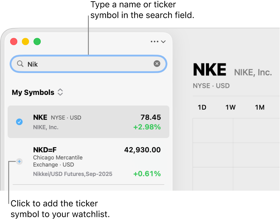 A search in Stocks with two possible matches at the top of the search results.