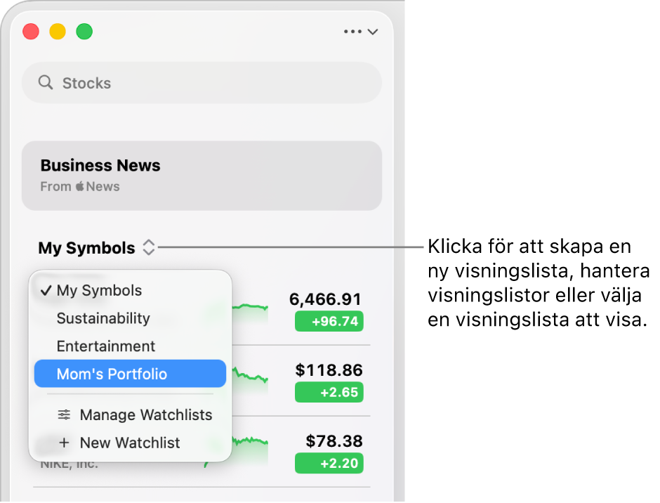 Popupmenyn för visningslistor överst i sidofältet med namnet på den aktuella visningslistan.