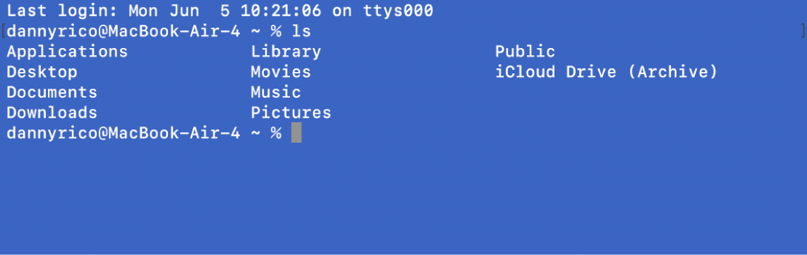 A Terminal window showing the command line with ls command and a list of file results.