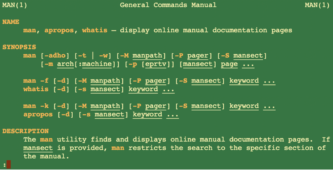 A Terminal window showing the manpage details of the man command.