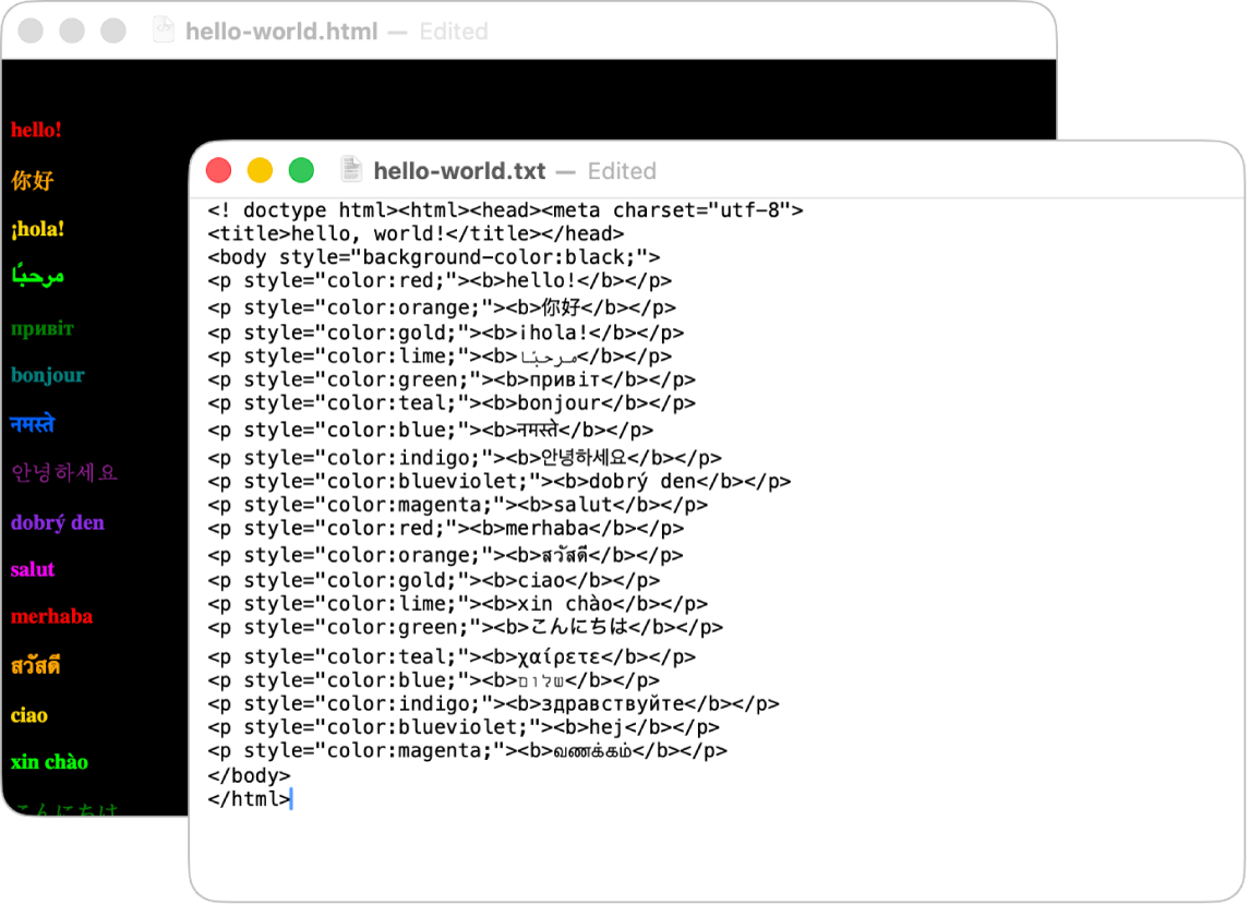 An HTML file displayed in two views: the browser preview and the code-editing view.